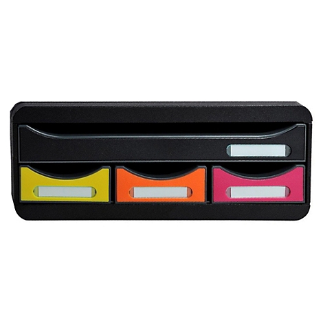 Organisateur de documents noir avec trois tiroirs colorés.