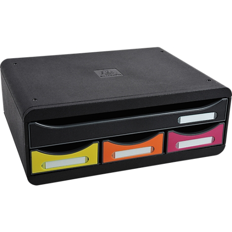 Organisateur de documents noir avec tiroirs colorés. Jaune, orange et rose. Champs d'étiquetage blancs.