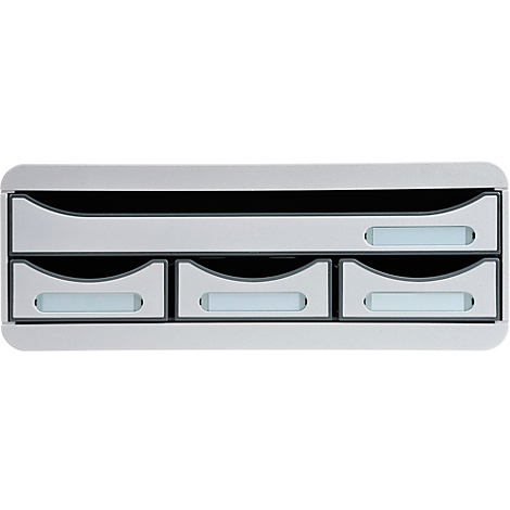 Grauer, rechteckiger Wandbriefkasten mit drei Schubladen und einem oberen Fach.