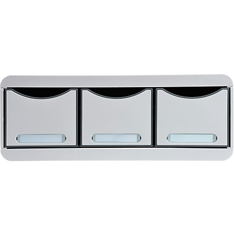 Grauer, rechteckiger Spender mit drei Fächern, abgerundeten Ecken und Griffen.