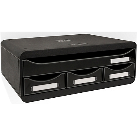 Organisateur de documents noir avec trois tiroirs et champs d'étiquettes.