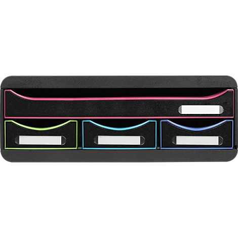 Schwarze Schubladenbox mit farbigen Akzenten: rosa, grün und blau. Weiße rechteckige Beschriftungsfelder.