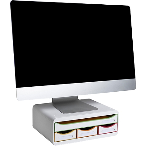 Ein iMac-Bildschirm steht auf einem weißen Schubladensockel mit farbigen Schubladen.