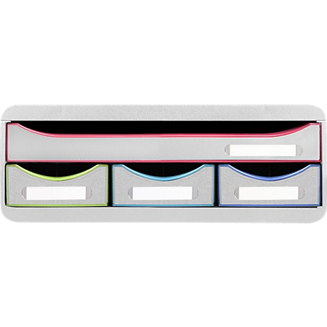 Mehrfarbiger Schubladenschrank mit drei kleineren Schubladen unten und einer größeren Schublade oben.