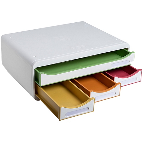 Weißes Schubladensystem mit 3 offenen Schubladen in Gelb, Orange und Rot, vor weißem Hintergrund.