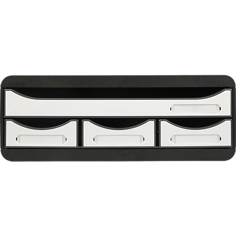 Zwarte bureau-organizer met drie lades en een compartiment. Witte lades en compartiment met handgreepachtige uitsparingen.