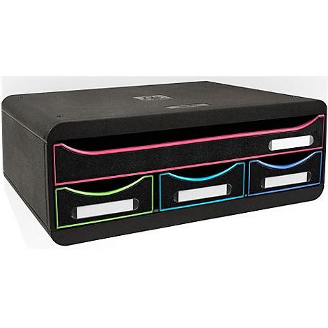 Zwarte ladesbox met gekleurde accenten: roze, groen en blauw. Witte labels op elke lade.