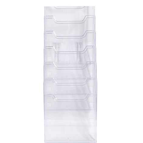 Transparenter Wandprospekthalter mit sechs Fächern. Der Halter ist aus Kunststoff gefertigt.