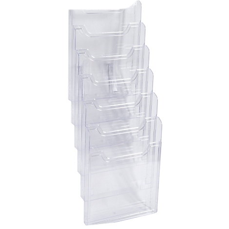 Transparenter Wandprospekthalter mit sechs Fächern. Der Halter ist aus Kunststoff und an der Wand befestigt.