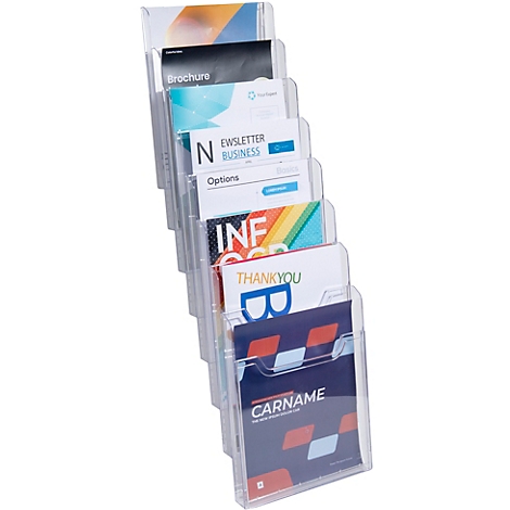 Transparenter Flyerhalter mit verschiedenen farbigen Flyern. Auf den Flyern stehen Texte wie "Brochure", "Newsletter Business" und "Thank You".
