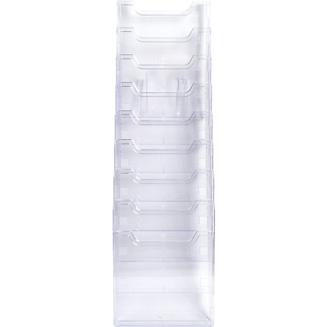 Transparenter Kartenhalter mit mehreren Fächern, vertikal angeordnet.