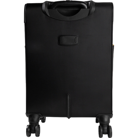 Dos d'une valise noire avec poignée, boucle et roues. Zone inférieure, matériau noir. Fente verticale.