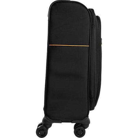 Valise noire, vue de côté. Forme arrondie en haut et en bas, bande jaune. Roues en bas.