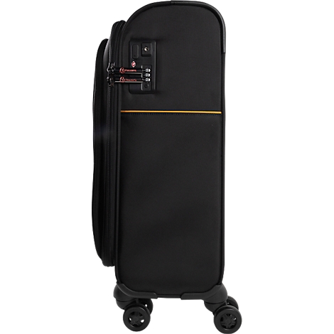Profil d'une valise noire avec serrure à combinaison, garniture orange. Quatre roues.