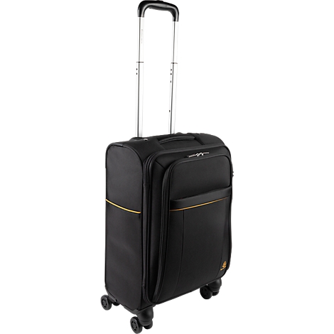 Valise à roulettes noire avec poignée extensible et surpiqûres décoratives jaunes.