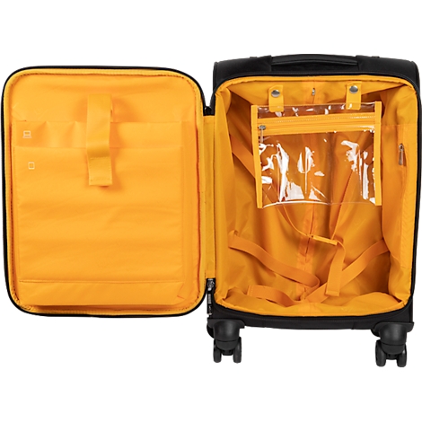 Valise noire ouverte avec intérieur jaune. Les deux côtés sont ouverts, avec des compartiments et des sangles.