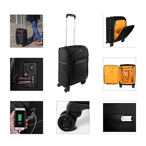 Valise noire avec poignée extensible, roues et intérieur avec doublure jaune. Des vues détaillées montrent la serrure, les roues et le port de chargement.