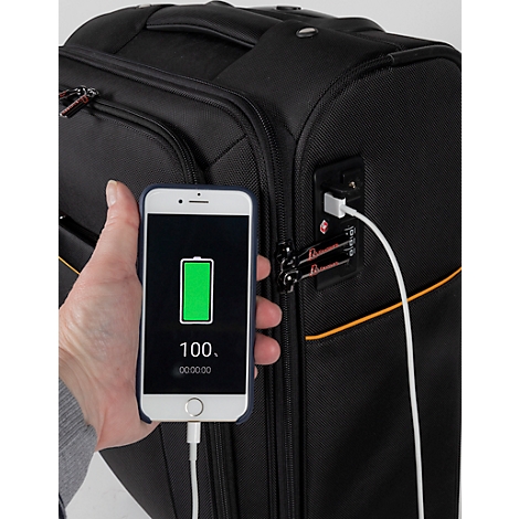 Schwarzer Koffer lädt Smartphone mit 100% Akku. Kabel zum USB-Anschluss. Oranger Streifen am Koffer.