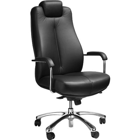 Black office chair with high back, armrests and chrome caster base.