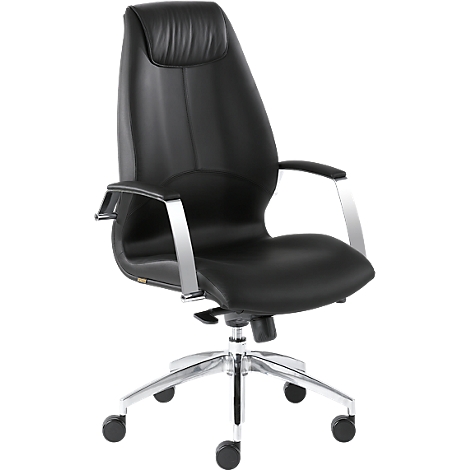 Black office chair, leather look, armrests and chrome frame, view from a slightly elevated perspective.