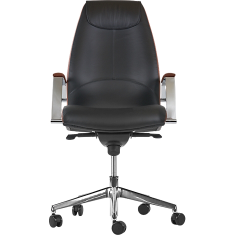 Black office chair, high back, armrests, chrome frame, castors. Front view.
