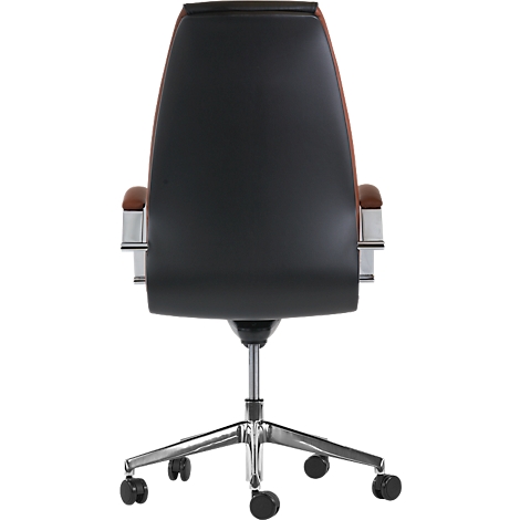 View of a black office chair from the back, with brown armrests and a silver base.