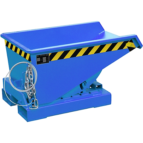 Blue tipping container with yellow-black warning stripes. Chain for tipping, on a blue base.