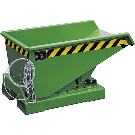 Green tipping skip with yellow and black warning stripes. A bracket with a chain on the floor.