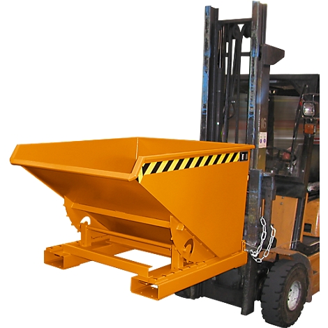 Orange tipping skip attached to a forklift, yellow and black warning markings.