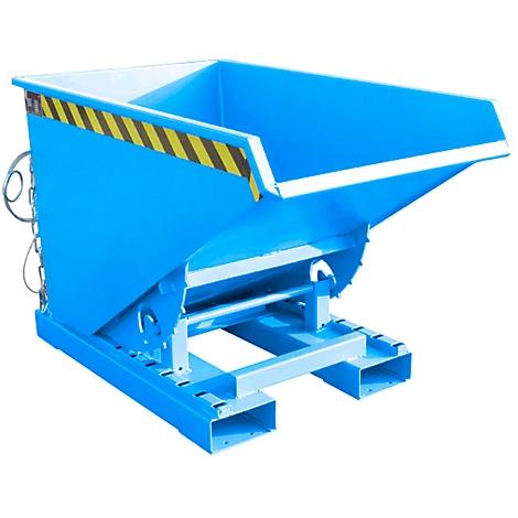 Blue tipping skip, with yellow and black stripes on top and white markings.
