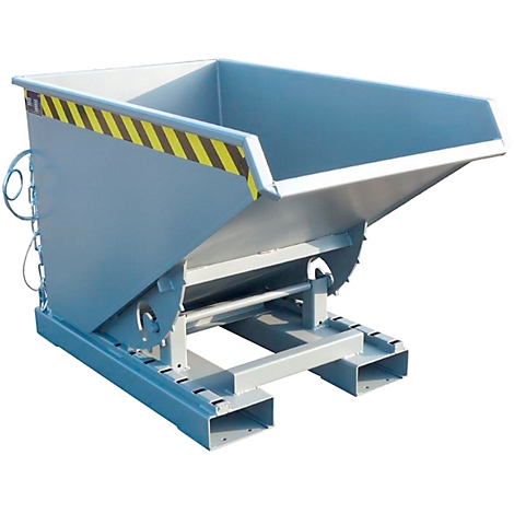 Grey tipping skip with yellow and black warning stripes. The container stands on a frame.