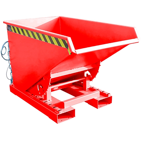 Red tipping container on a white background. Yellow and black warning stripes on the edges.