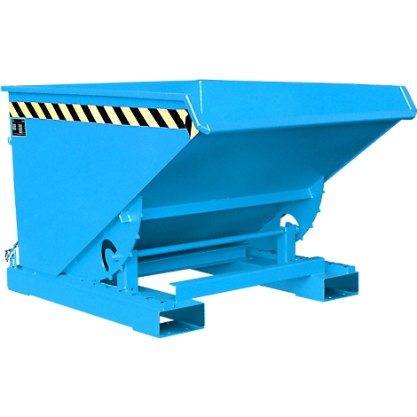 Blue tilting skip, angled, with black and yellow stripes on the top edge. On a light background.
