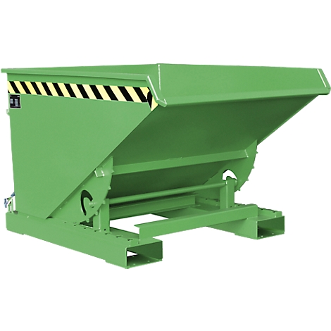 Green tipping skip with black and yellow stripes. Steel construction, angled design. For industrial and transport purposes.