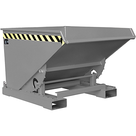 Gray tipping skip against light background. Yellow and black warning stripes on the side. Standing on a metal base.