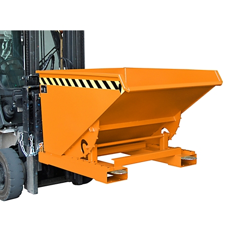Orange container attached to a forklift. Black and yellow warning markings. Fork tines engage in the receptacle.