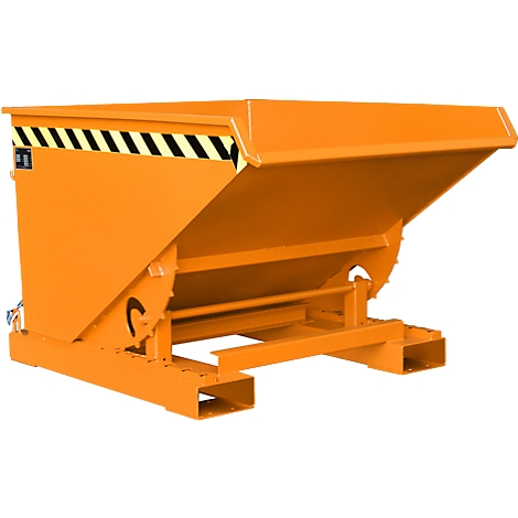 Orange skip, slanted with yellow and black stripes. Shown on a flat base.
