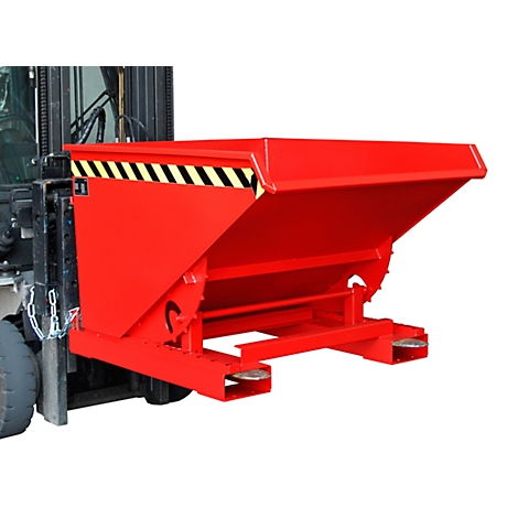 Red tipping skip mounted on forklift, yellow and black warning markings.