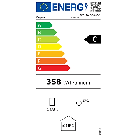 Étiquette énergétique d'un réfrigérateur. Graphique jaune-noir avec les lettres de A à G et des informations sur la consommation d'énergie, la capacité et la température.