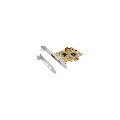 Eine goldfarbene USB-Erweiterungskarte mit drei Ports, zusammen mit einer Metallhalterung, auf weiÃŸem Hintergrund.