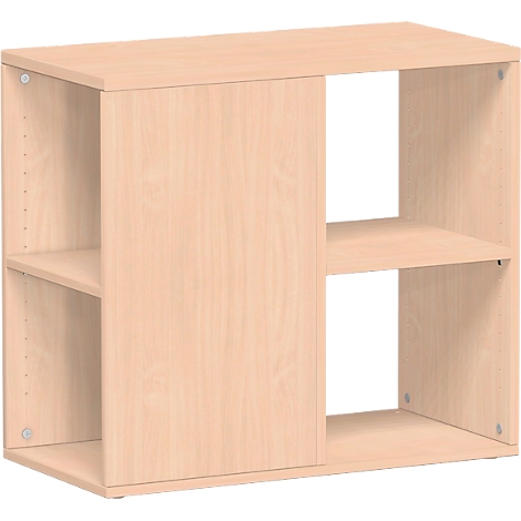 Beige wooden shelf with two compartments and a sliding door element. The shelf stands upright.