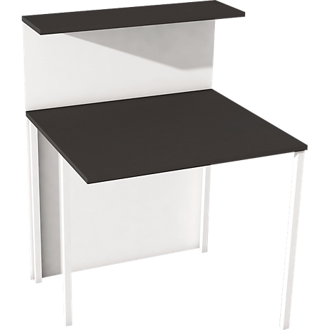 Black and white desk. Black tabletop, white frame, smaller shelf above.