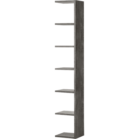 Gray, narrow shelf with six horizontal shelves against a white background.
