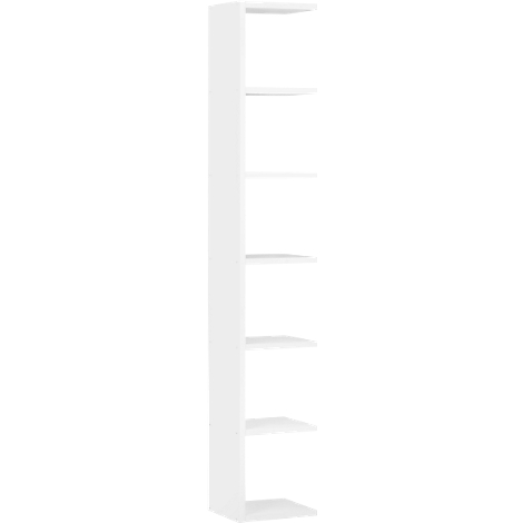 White shelf with five compartments, in front of white background.