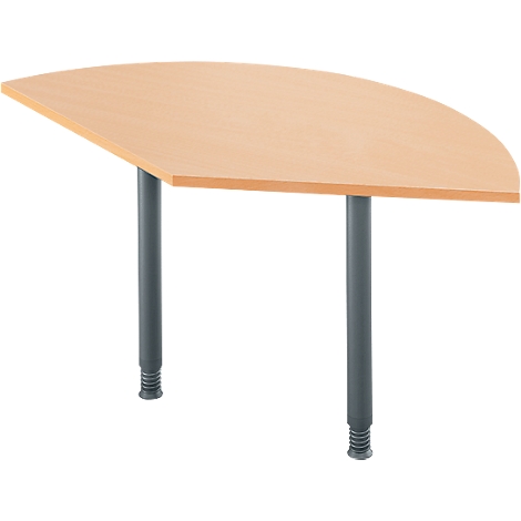 Semicircle table with two gray legs. The tabletop is light brown, with a wood grain.