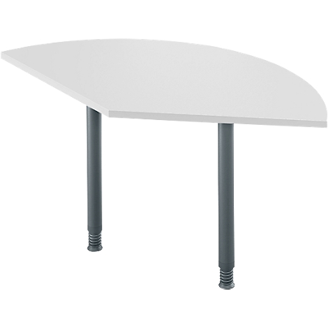 Semicircular white table with two gray legs. Rounded corners.