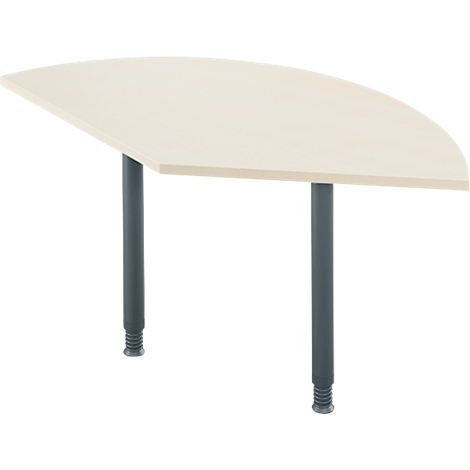 Semicircular desk with light brown tabletop and two gray, height-adjustable legs.