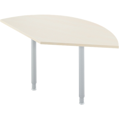 Semicircular table, light wood top, two gray legs.
