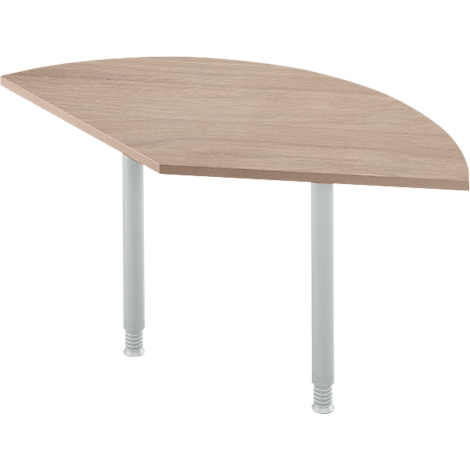 Half-round wooden table with two white legs. The table is light brown with wood grain. The legs are adjustable.