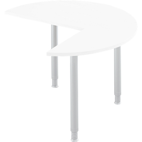 A white, semi-circular table with three gray legs. The legs are adjustable in height.